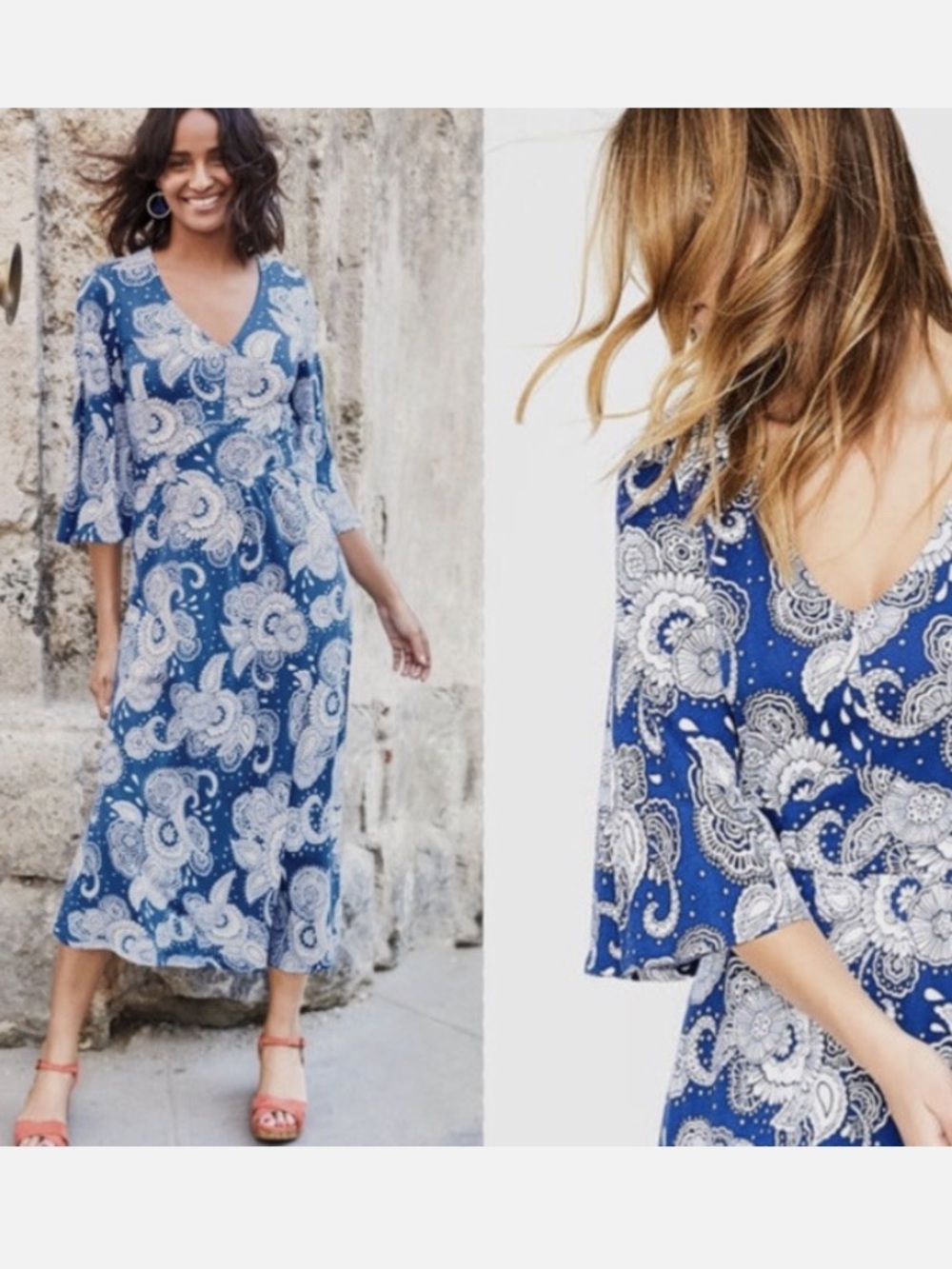 Boden Louisa Jersey Blue and White Paisley V-neck Midi Dress with Kimono sleeves
